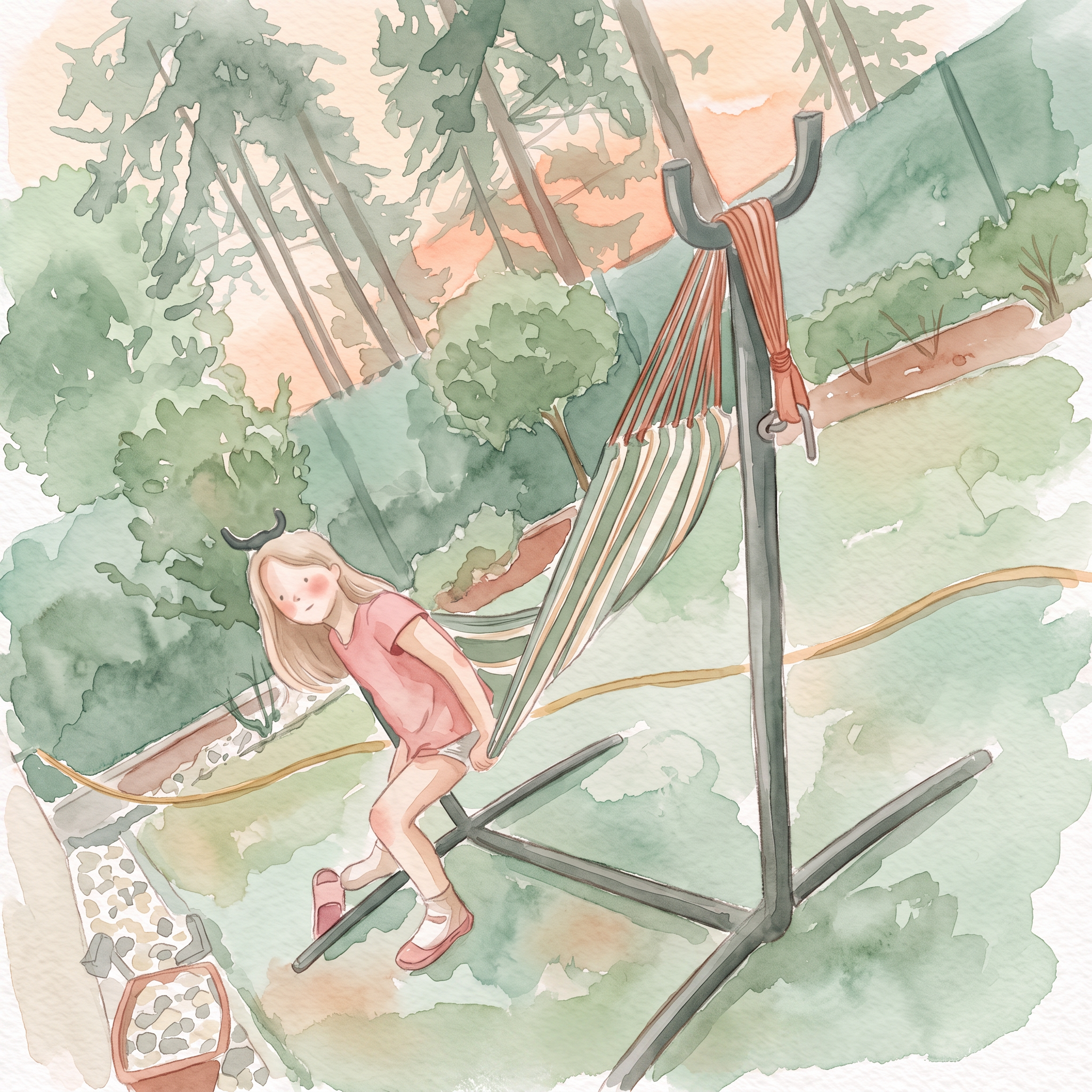 Akwarelowa ilustracja dziewczynki w ogrodzie przy hamaku o zachodzie słońca