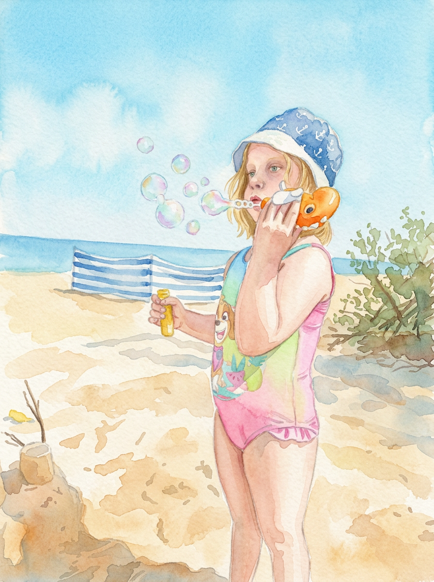 Akwarelowa ilustracja dziecka w kapeluszu z filtrem UV na plaży, puszczającego bańki mydlane
