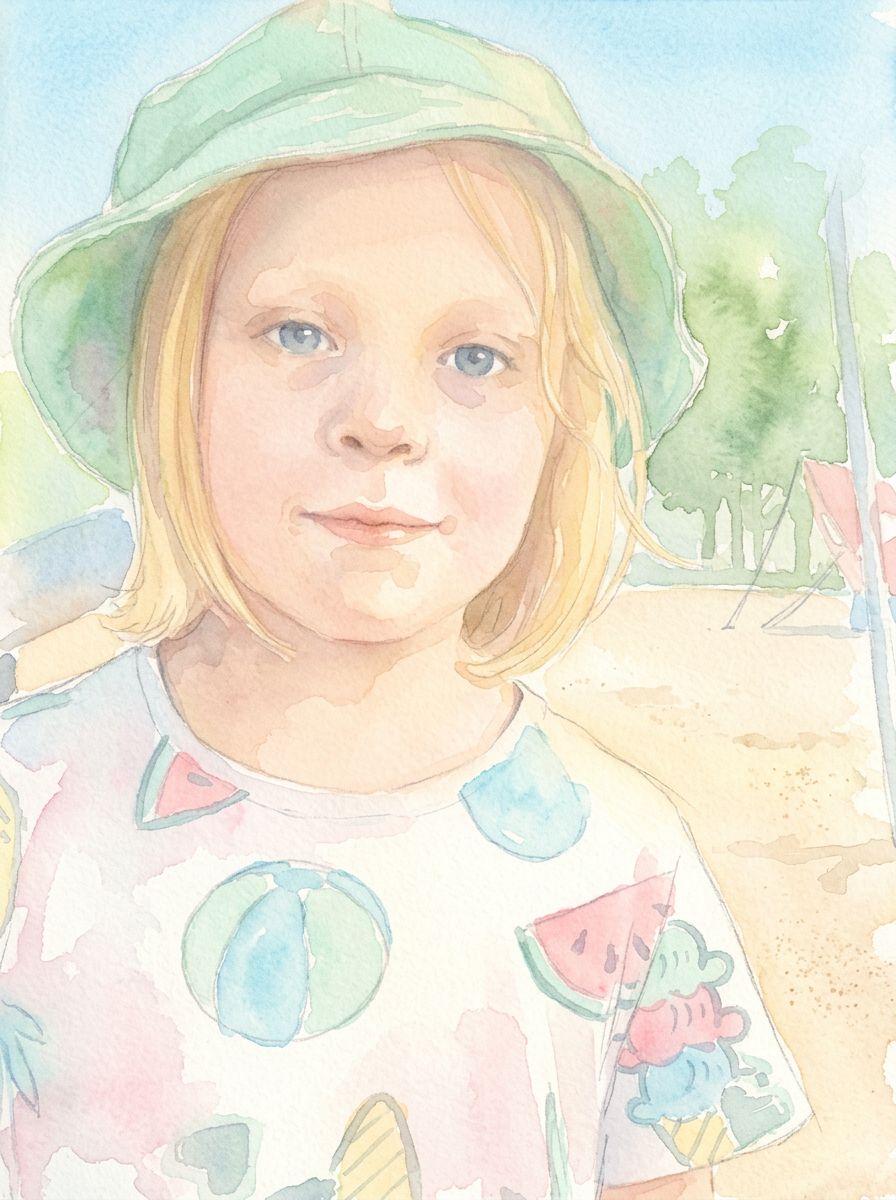 Akwarelowa ilustracja dziecka w zielonym kapeluszu na placu zabaw w upalny dzień