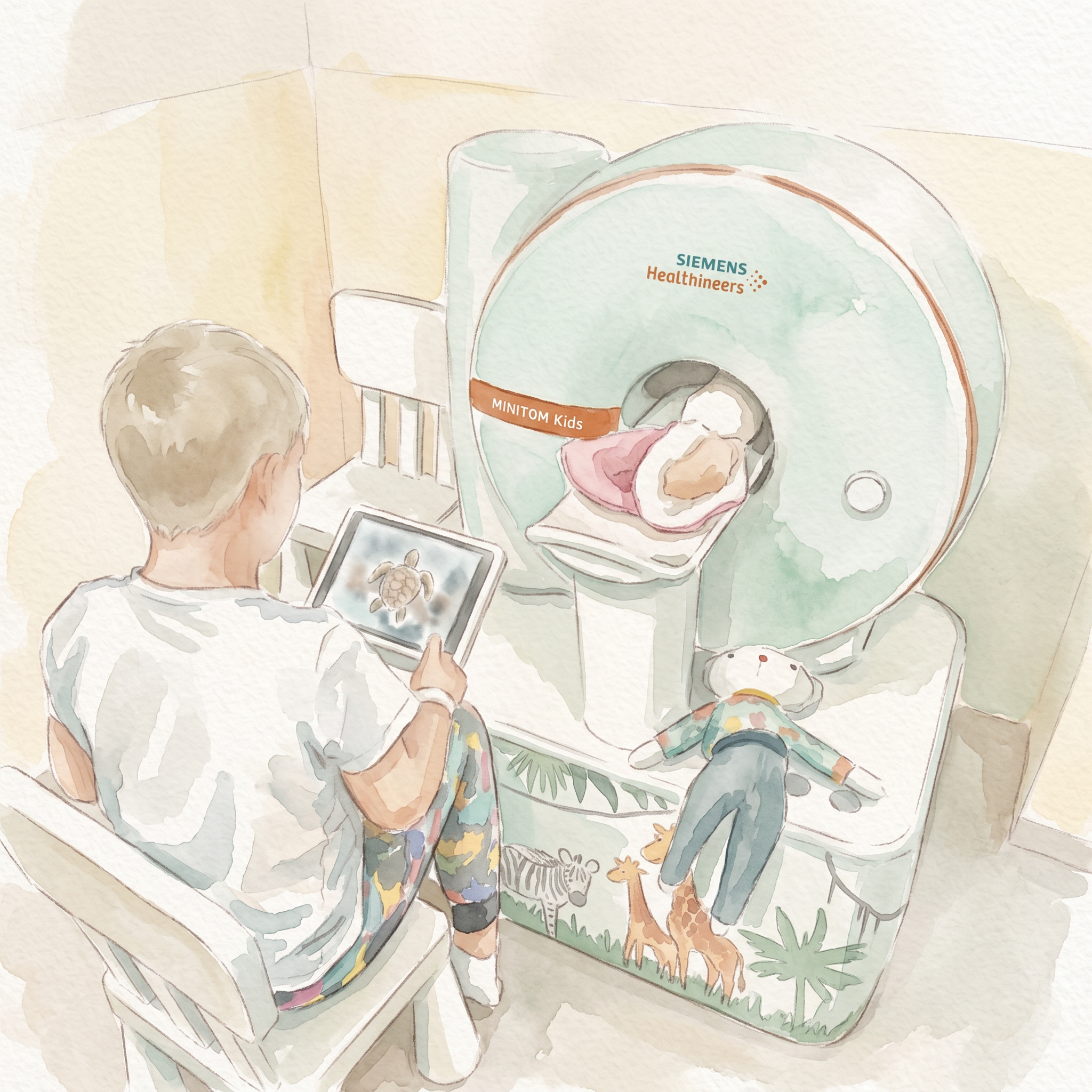 Akwarelowa ilustracja dziecka przy małym, przyjaznym aparacie MRI