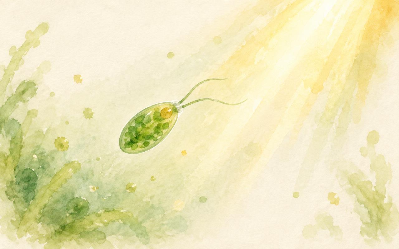 Akwarelowa ilustracja jednokomórkowego glonu płynącego w stronę promienia światła