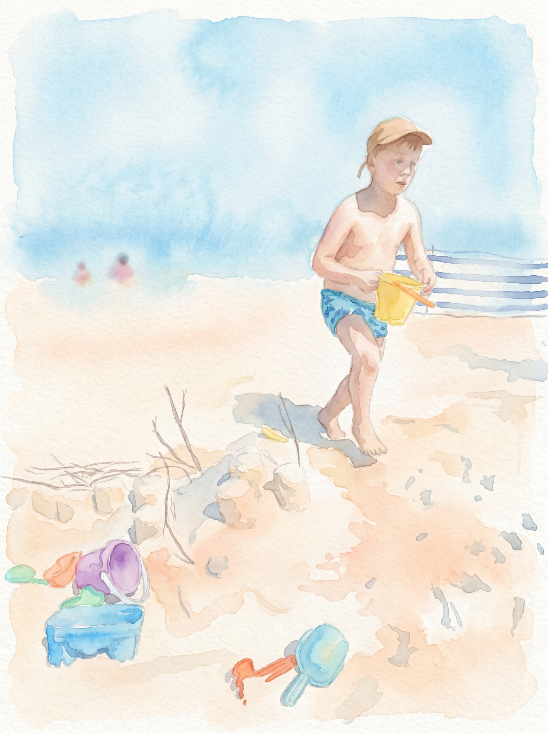 Akwarelowa ilustracja chłopca w czapce z wiaderkiem na piaszczystej plaży nad morzem
